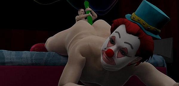  3D cartoon clown sucks cock and gets toyed by a mini hunk